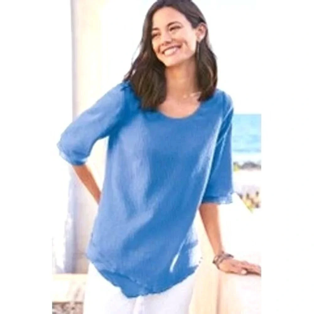 Soft Surroundings top periwinkle blue‎ layered vacation m/l oversized gauze euc